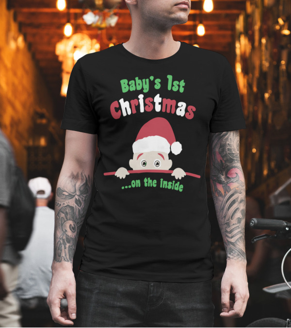 Baby's 1st Christmas Inside with Peeking Santa Baby T-Shirt Baby's 1st Christmas Inside with Peeking Santa Baby T-Shirt