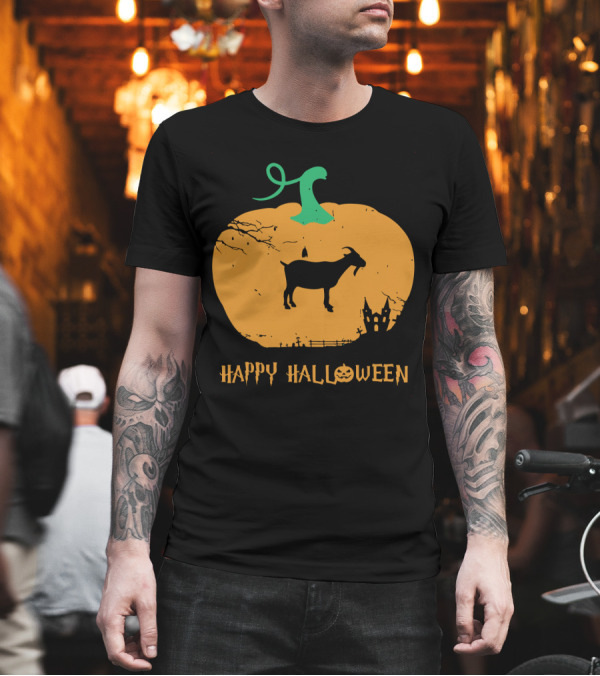 Happy Halloween Goat Silhouette in Pumpkin with Haunted House Scene T-Shirt Happy Halloween Goat Silhouette in Pumpkin with Haunted House Scene T-Shirt