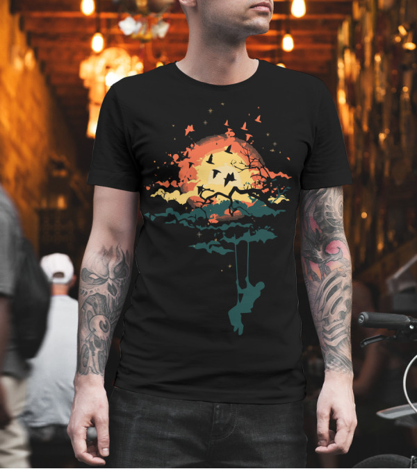 Calypso Weapon Sunset Swing with Flight of Bats and Vibrant Sunburst T-Shirt Calypso Weapon Sunset Swing with Flight of Bats and Vibrant Sunburst T-Shirt