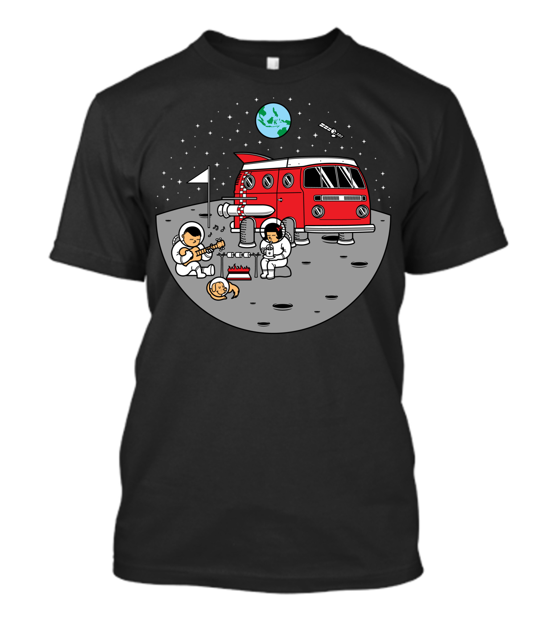 Combistronaut Moon Campfire Jamming With Guitar And Space Van T-Shirt