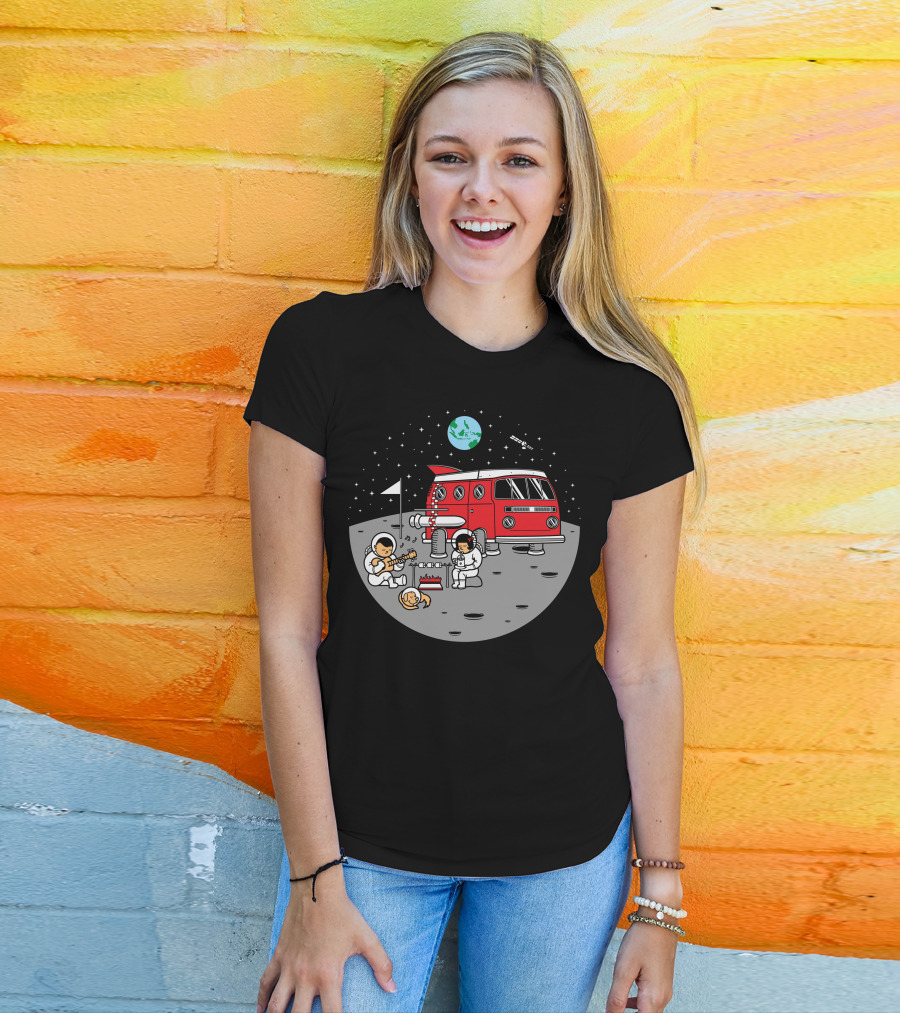 Combistronaut Moon Campfire Jamming With Guitar And Space Van T-Shirt