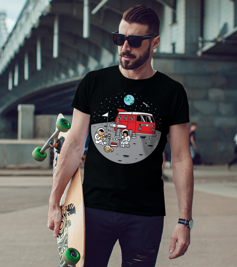 Combistronaut Moon Campfire Jamming With Guitar And Space Van T-Shirt
