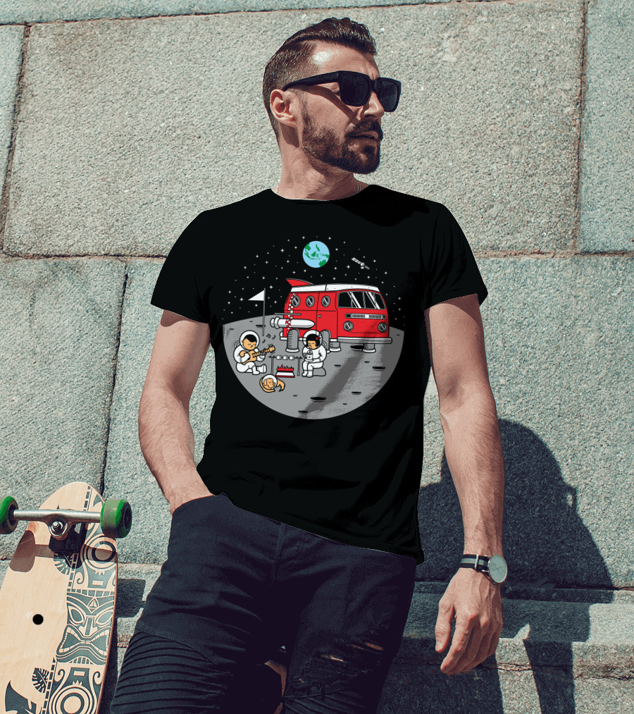 Combistronaut Moon Campfire Jamming With Guitar And Space Van T-Shirt
