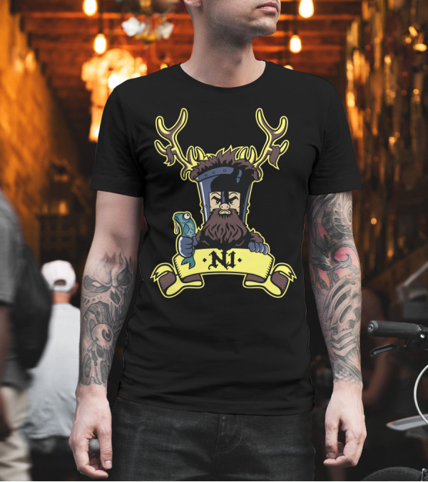 Knight with Antlers and Fish Holding Banner 'Ni' T-Shirt Knight with Antlers and Fish Holding Banner 'Ni' T-Shirt