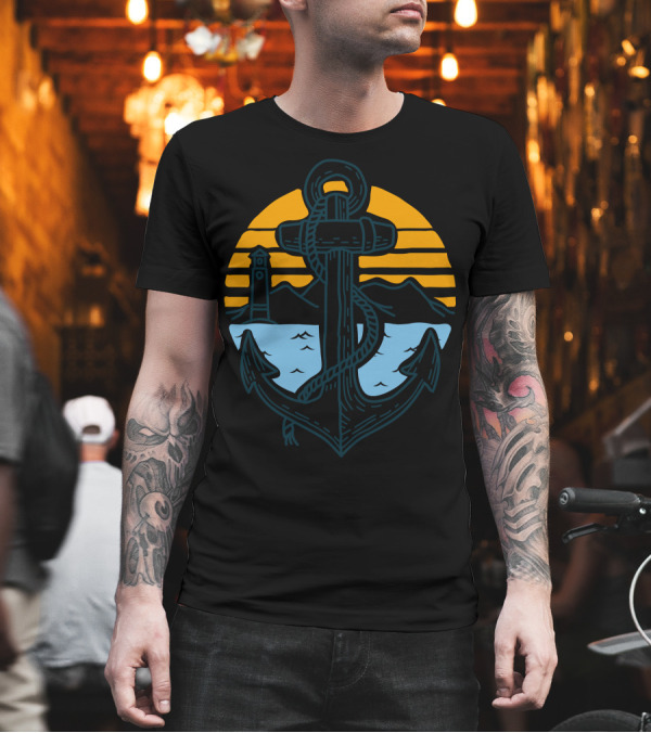 Anchor Point Nautical Sunset with Lighthouse and Mountains T-Shirt Anchor Point Nautical Sunset with Lighthouse and Mountains T-Shirt