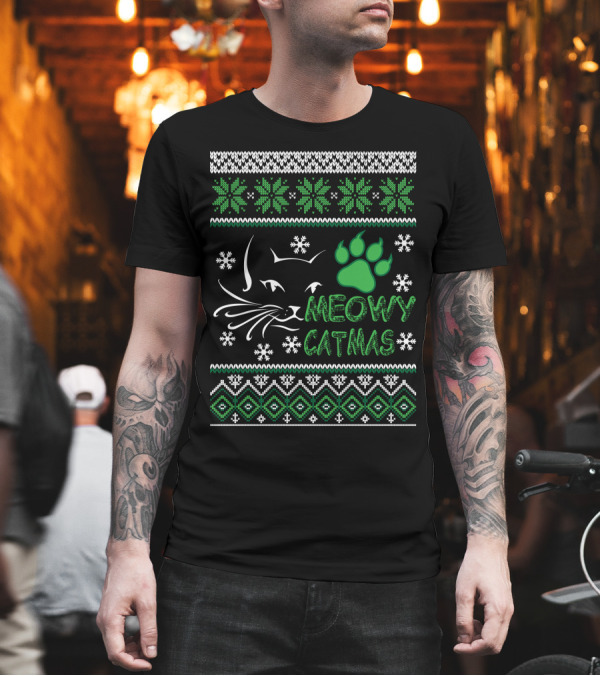 Meowy Catmas Ugly Christmas Sweater Cat Paw Print Snowflakes T-Shirt Meowy Catmas Ugly Christmas Sweater Cat Paw Print Snowflakes T-Shirt