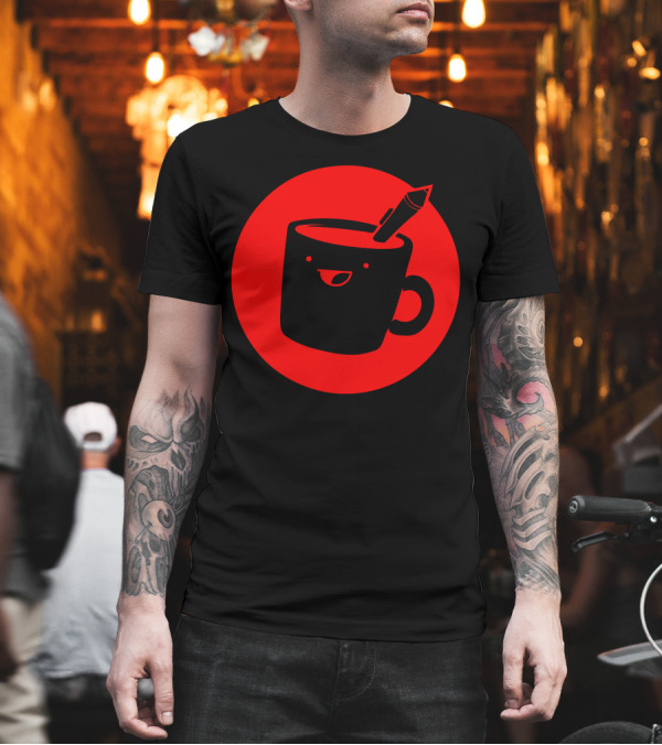 Drawfee Happy Mug with Pencil Icon on Red Circle T-Shirt Drawfee Happy Mug with Pencil Icon on Red Circle T-Shirt