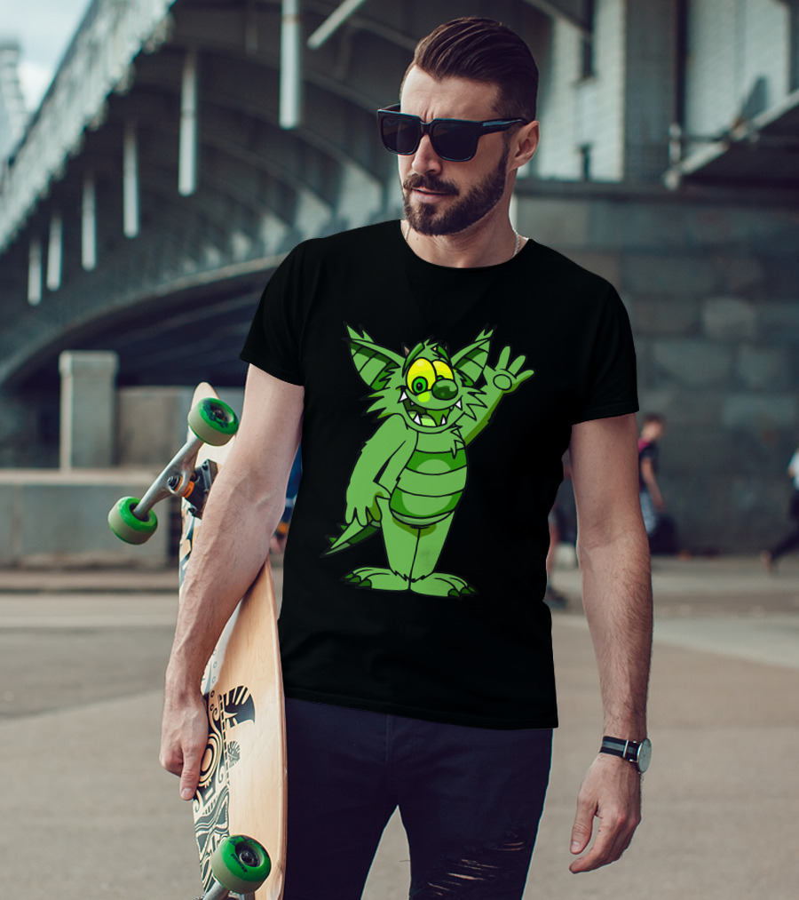 Monster Cats Green Cartoon Creature Waving T-Shirt
