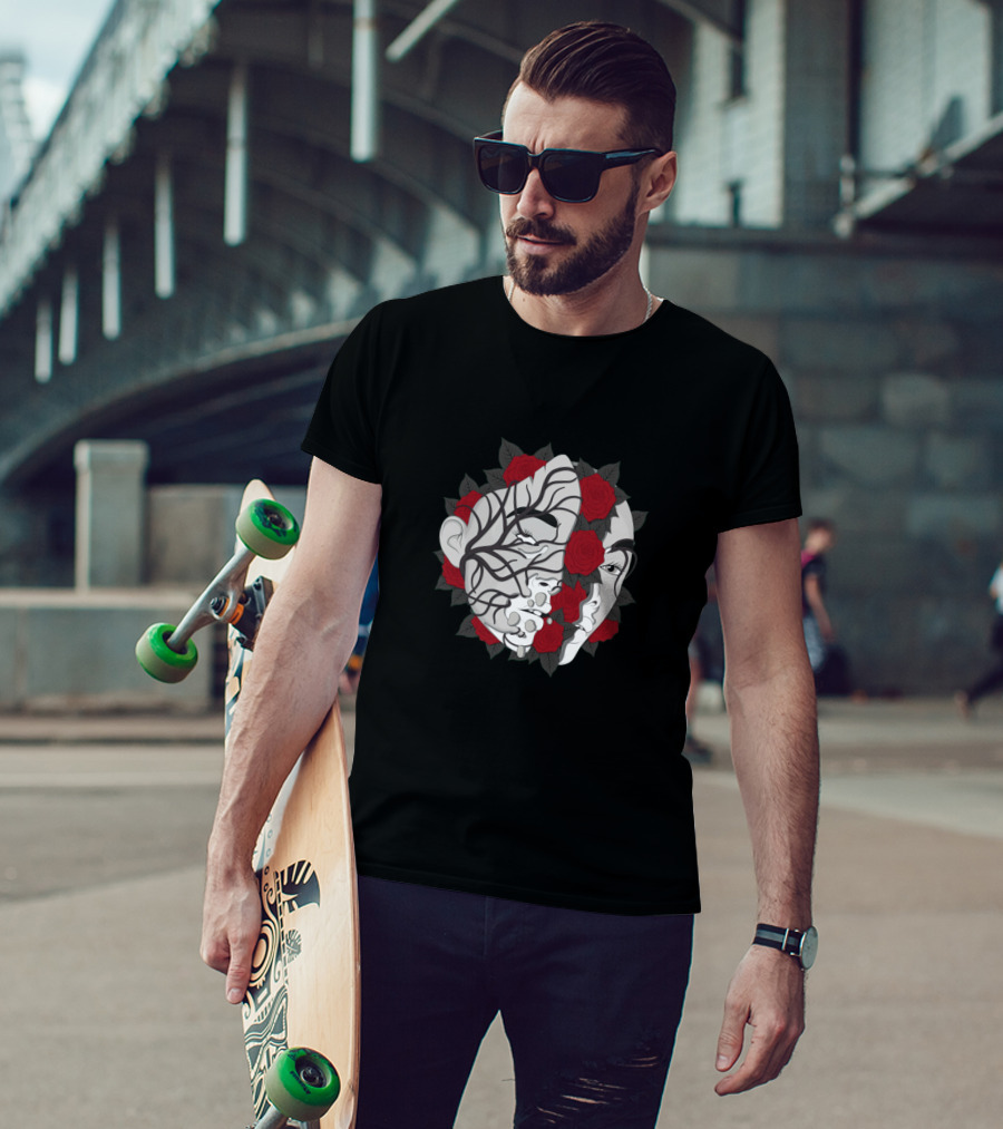 Winnie Harlow Abstract Mask Faces With Red Roses T-Shirt