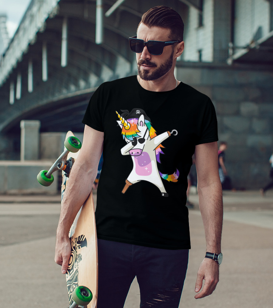 Dabbing Unicorn Pirate With Rainbow Mane Wearing Eyepatch And Pirate Hat T-Shirt