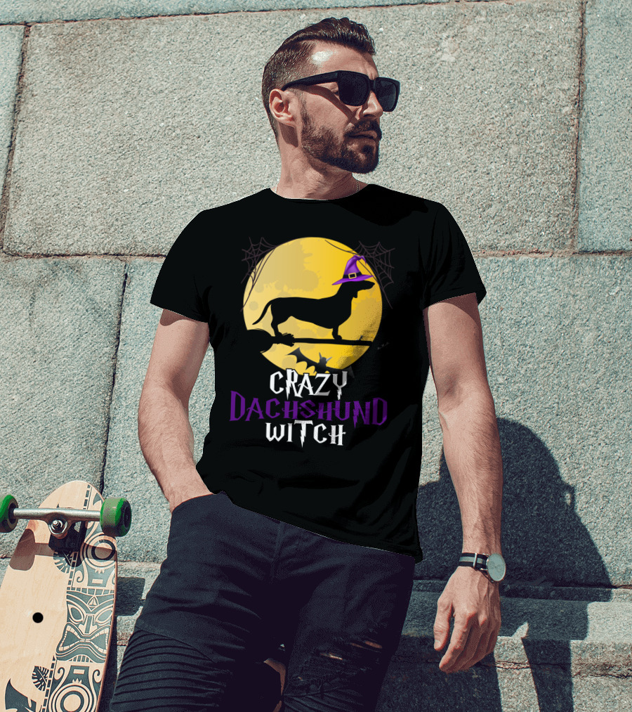 Crazy Dachshund Witch Dog Halloween Moon Silhouette With Broomstick And Purple Hat T-Shirt