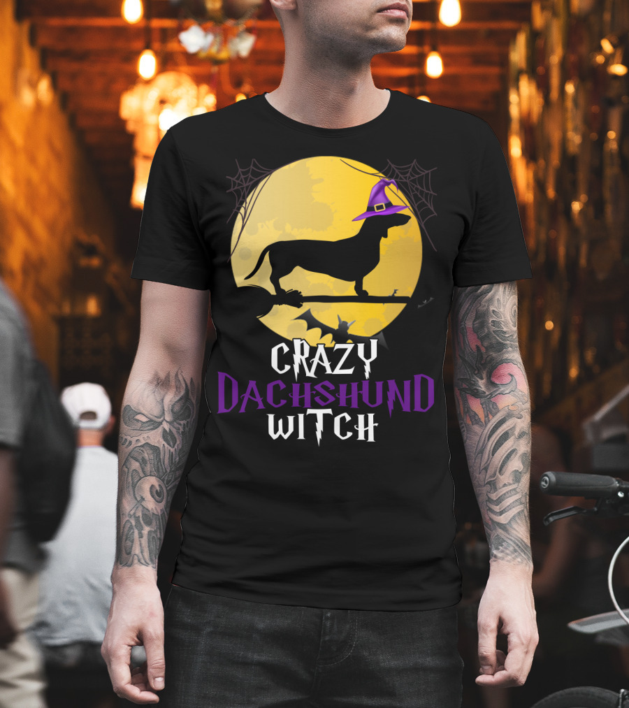 Crazy Dachshund Witch Dog Halloween Moon Silhouette With Broomstick And Purple Hat T-Shirt