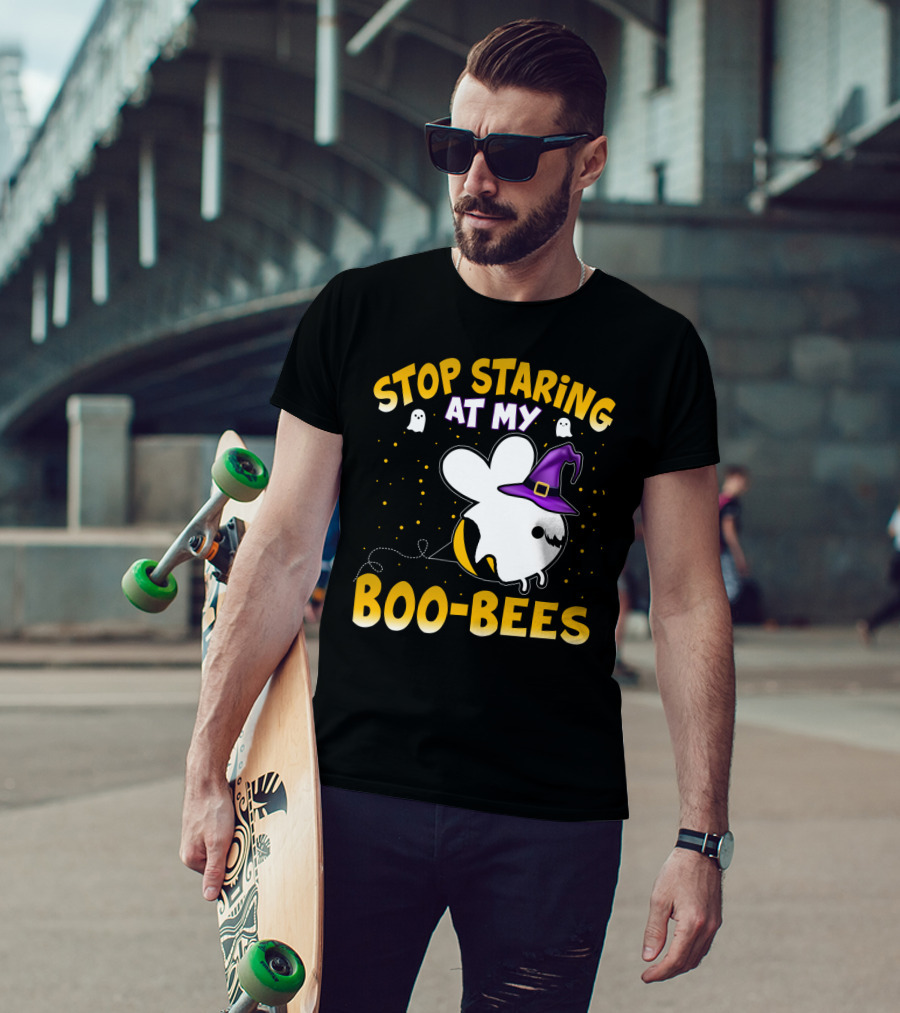 Stop Staring At My Boo Bees Halloween Ghost Bees With Witch Hat And Yellow Dots T-Shirt