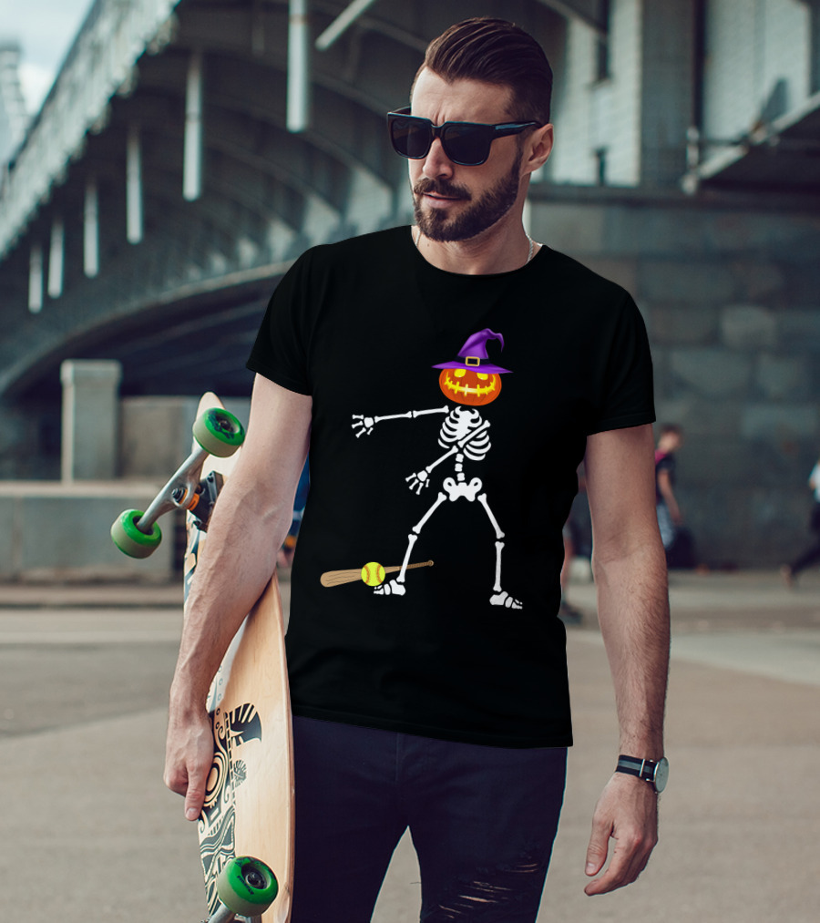 Skeleton Pumpkin Witch Performing Floss Dance With Softball Bat T-Shirt