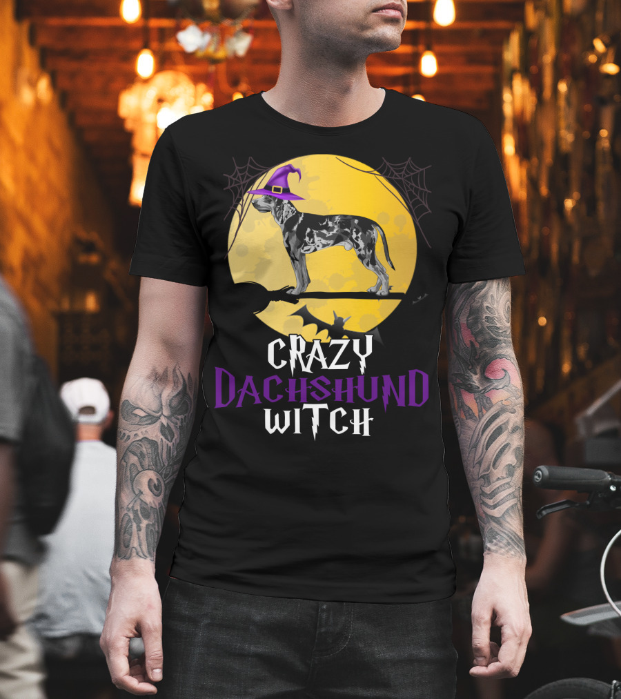 Crazy Dachshund Witch Dog With Purple Hat And Broom Halloween T-Shirt