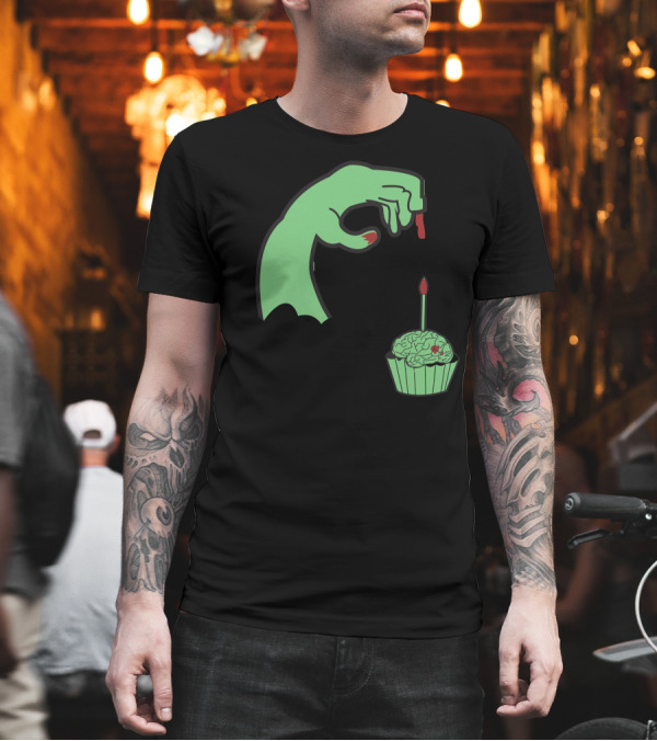 Zombie Hand Candle with Brain Cupcake Brainday T-Shirt Zombie Hand Candle with Brain Cupcake Brainday T-Shirt