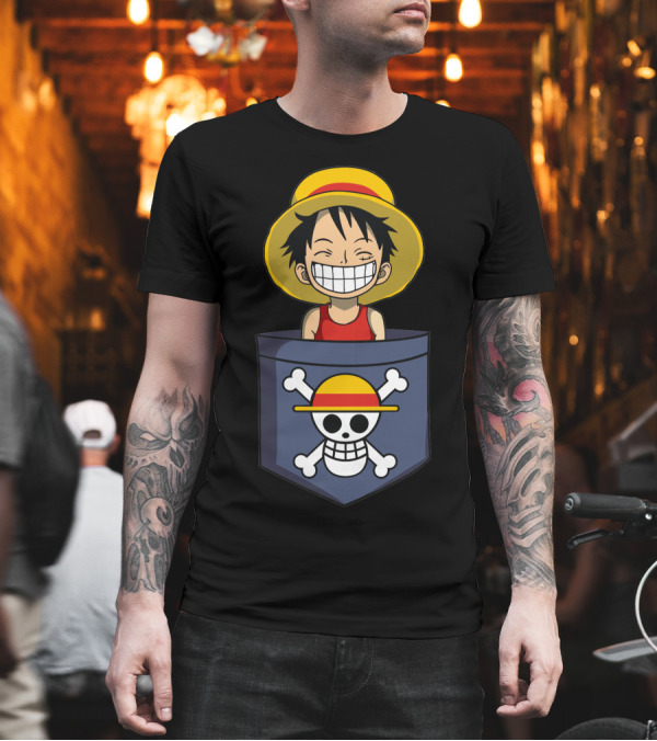 One Piece Luffy Straw Hat Pirate in Pocket T-Shirt One Piece Luffy Straw Hat Pirate in Pocket T-Shirt