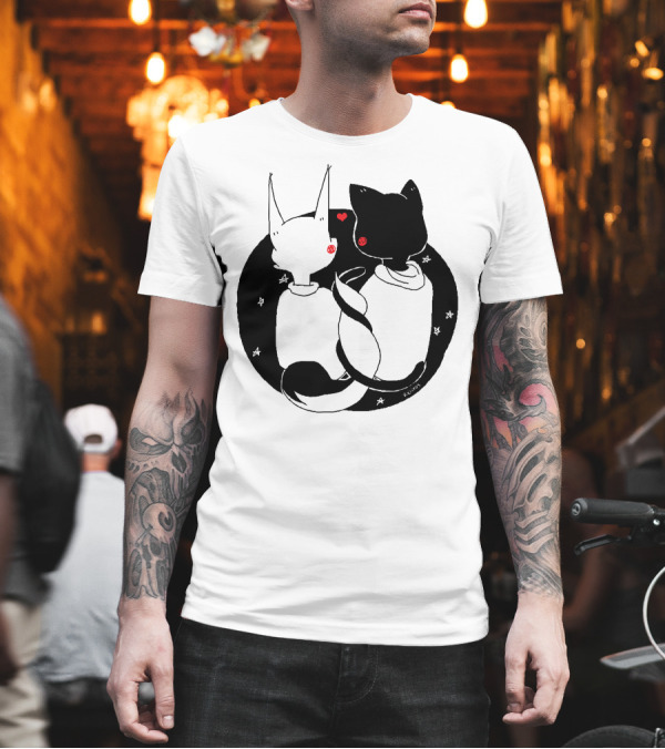 One Heart Two Souls: Red Hearts, Starry Night, Cat and Dog T-Shirt One Heart Two Souls: Red Hearts, Starry Night, Cat and Dog T-Shirt