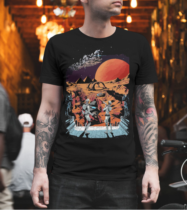 Planet Exploration with Futuristic Landscape and Spacecraft T-Shirt Planet Exploration with Futuristic Landscape and Spacecraft T-Shirt