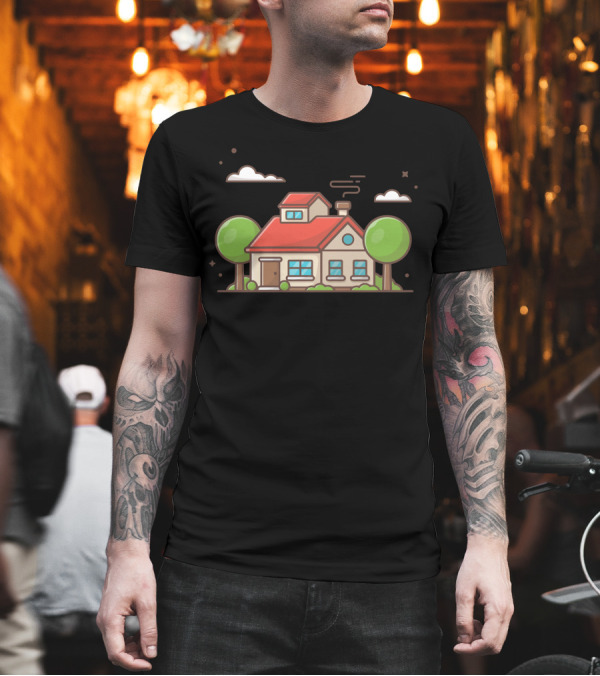 Beautiful Countryside House with Red Roof Clouds and Green Trees T-Shirt Beautiful Countryside House with Red Roof Clouds and Green Trees T-Shirt