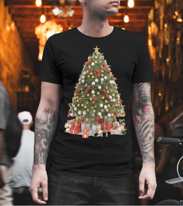 Christmas Tree Presents Gold and Red Baubles T-Shirt Christmas Tree Presents Gold and Red Baubles T-Shirt