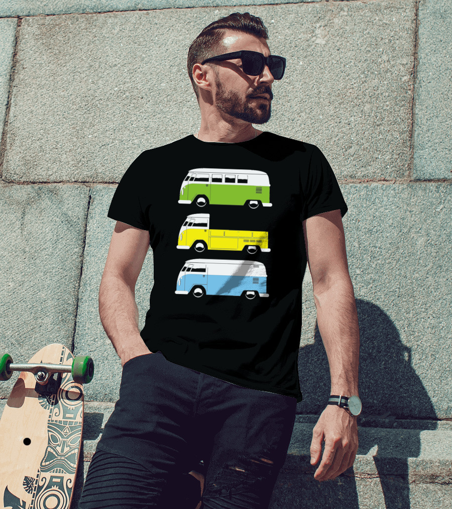 Vw Camper Bus Pick Up Van Green Yellow Blue Vintage Retro T-Shirt