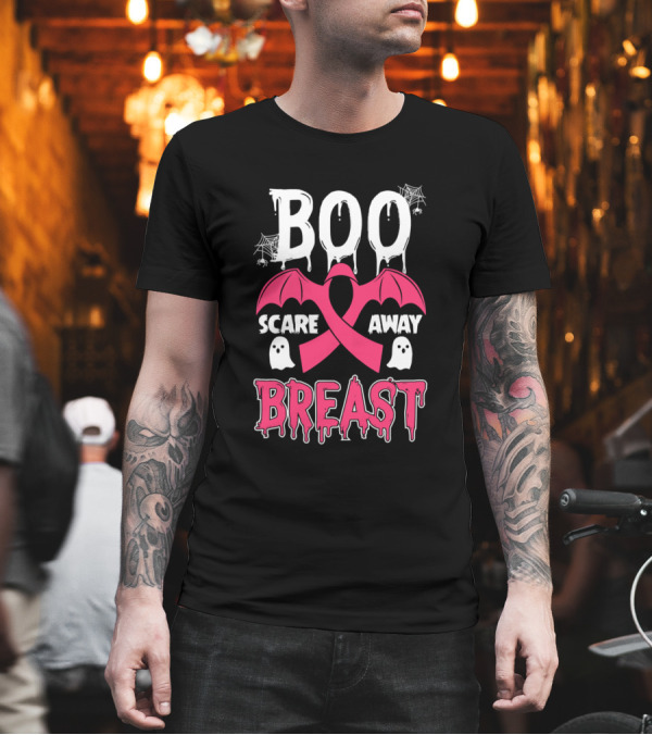 Boo Scare Away Breast Cancer Awareness with Pink Ribbon and Ghosts T-Shirt Boo Scare Away Breast Cancer Awareness with Pink Ribbon and Ghosts T-Shirt