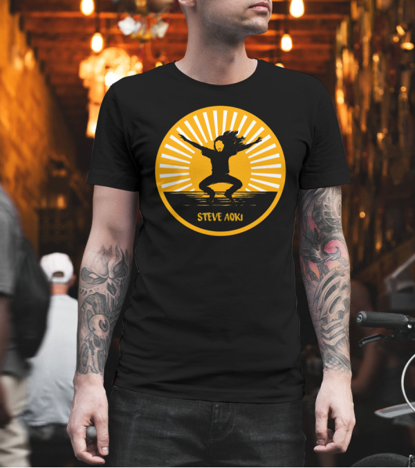 Steve Aoki Jumping Silhouette with Sunburst Background T-Shirt Steve Aoki Jumping Silhouette with Sunburst Background T-Shirt