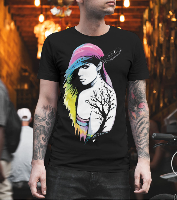 Rainbow Girl Feather Hair Tree Tattoo T-Shirt Rainbow Girl Feather Hair Tree Tattoo T-Shirt