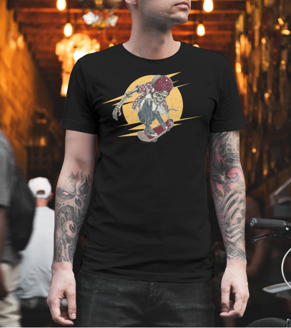 Skeleton Skateboarder Under Moonlight Wearing Checkered Shirt and Cap T-Shirt Skeleton Skateboarder Under Moonlight Wearing Checkered Shirt and Cap T-Shirt