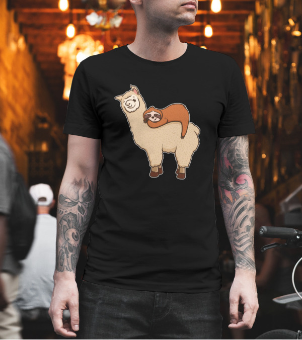 Funny Dreamy Sloth Napping on Happy Llama Animal Friends T-Shirt Funny Dreamy Sloth Napping on Happy Llama Animal Friends T-Shirt