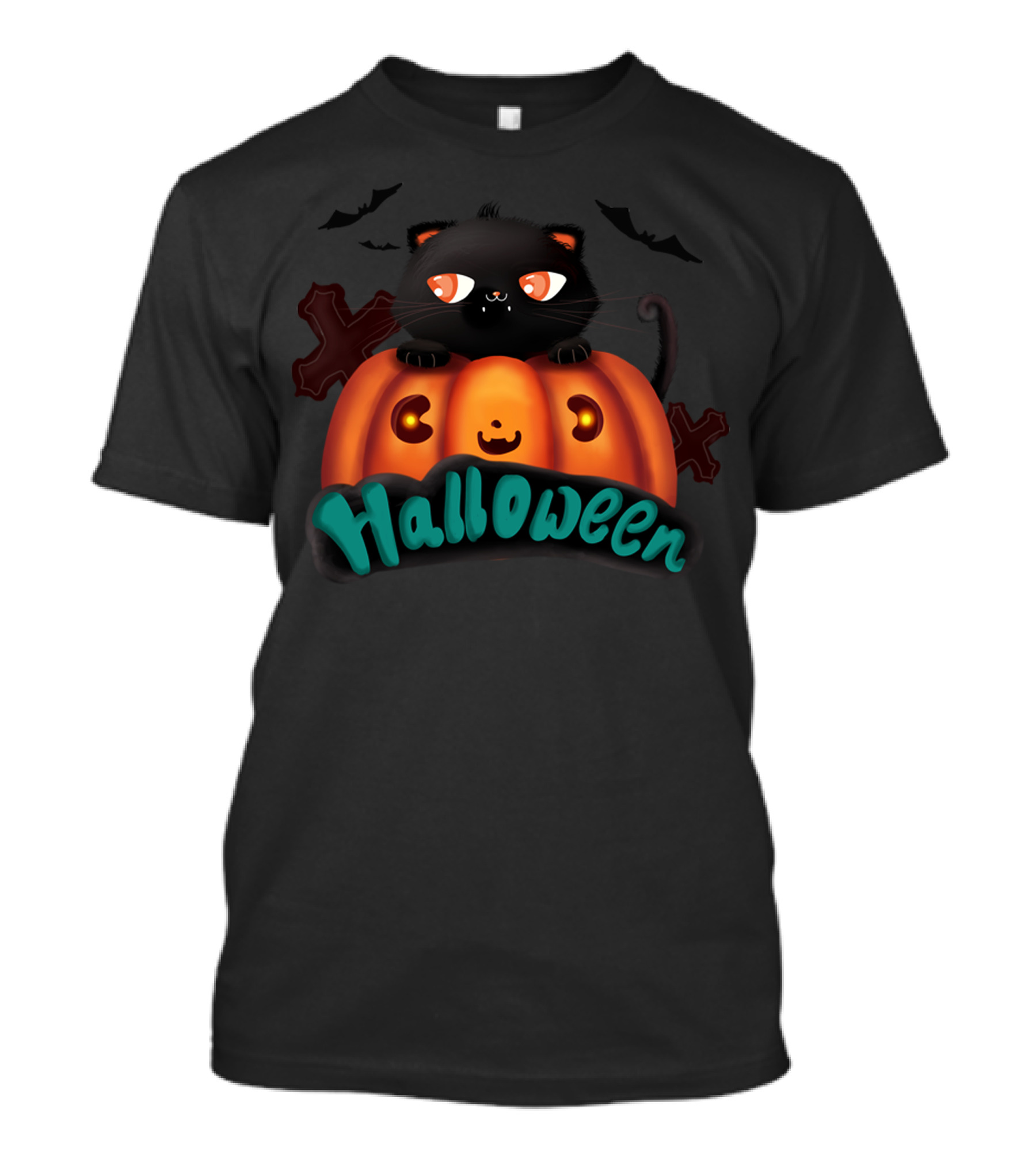 Halloween Black Cat Pumpkin With Bats And Spooky Expression T-Shirt