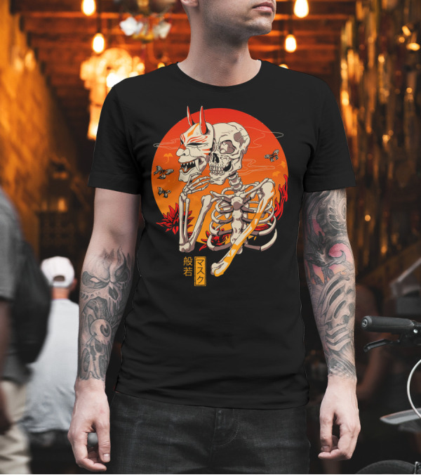 Hannya Yokai Mask Skeleton with Butterflies and Fiery Background Kanji Text T-Shirt Hannya Yokai Mask Skeleton with Butterflies and Fiery Background Kanji Text T-Shirt