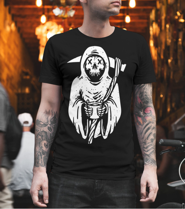 Grim Reaper with Coffee Cup Skeleton Hooded Figure T-Shirt Grim Reaper with Coffee Cup Skeleton Hooded Figure T-Shirt