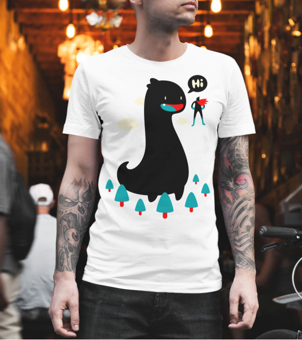 Giant Friendly Dinosaur with Superhero Greeting in Forest Scene T-Shirt Giant Friendly Dinosaur with Superhero Greeting in Forest Scene T-Shirt