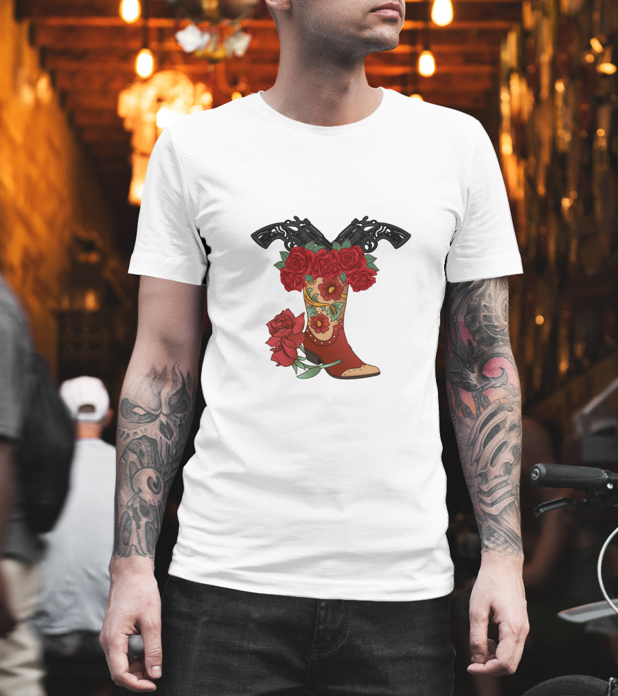 Cowboy Boots Floral Rose And Guns T-Shirt
