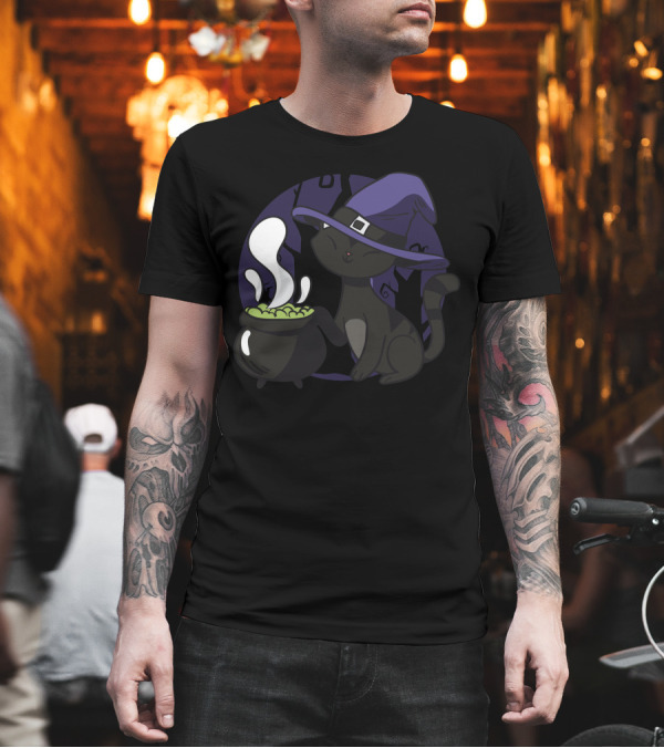 Cute Witch Cat with Cauldron and Purple Hat T-Shirt Cute Witch Cat with Cauldron and Purple Hat T-Shirt