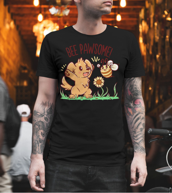 BEE PAWSOME Playful Dog and Happy Bee in Grass with Sunflower T-Shirt BEE PAWSOME Playful Dog and Happy Bee in Grass with Sunflower T-Shirt