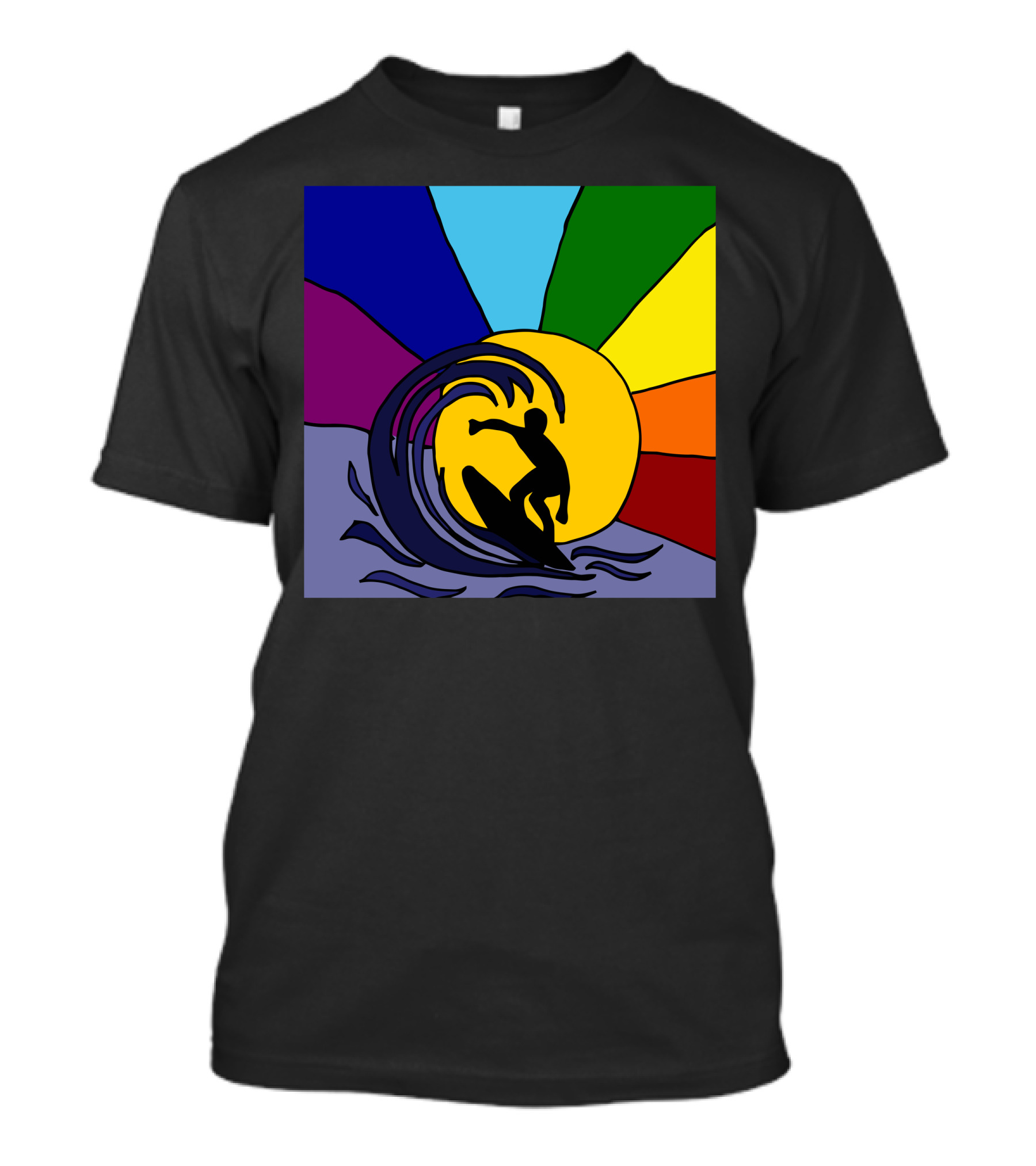 Awesome Surfer Riding Waves Against Sunset Rainbow Burst T-Shirt