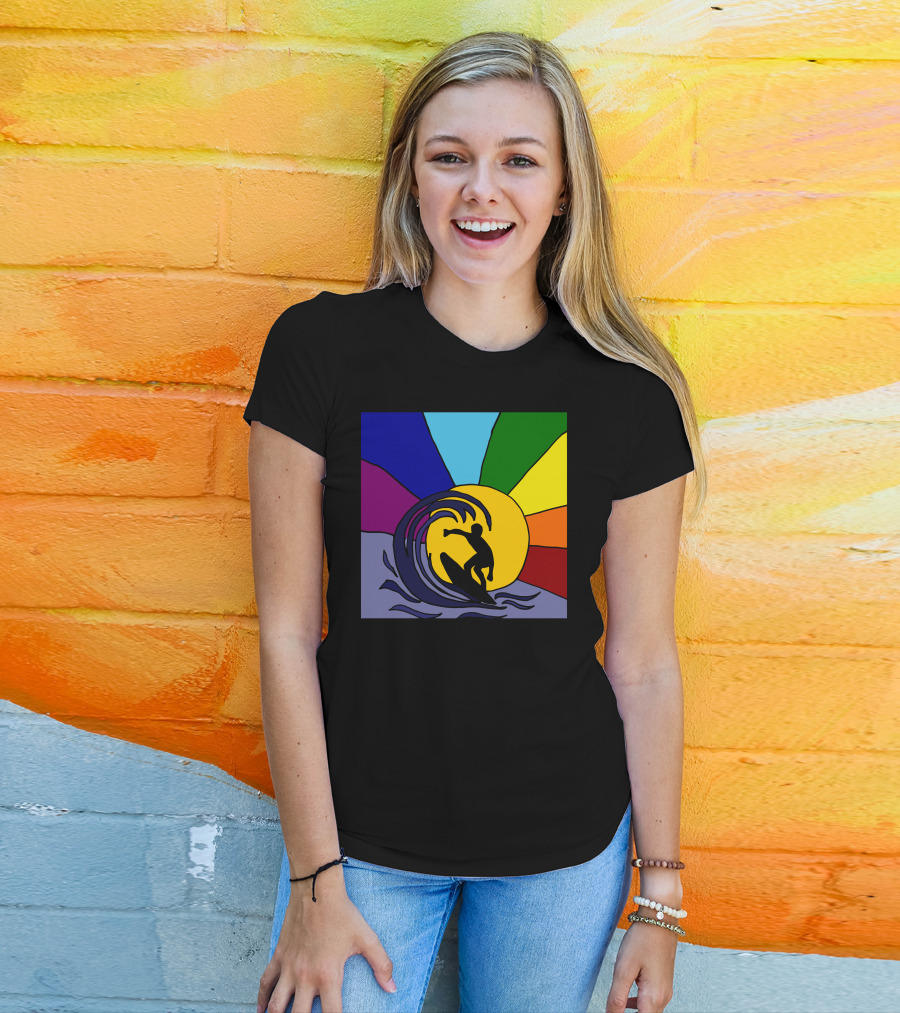 Awesome Surfer Riding Waves Against Sunset Rainbow Burst T-Shirt