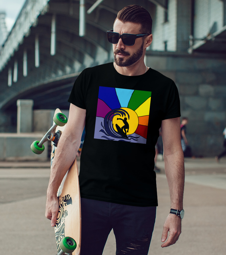 Awesome Surfer Riding Waves Against Sunset Rainbow Burst T-Shirt