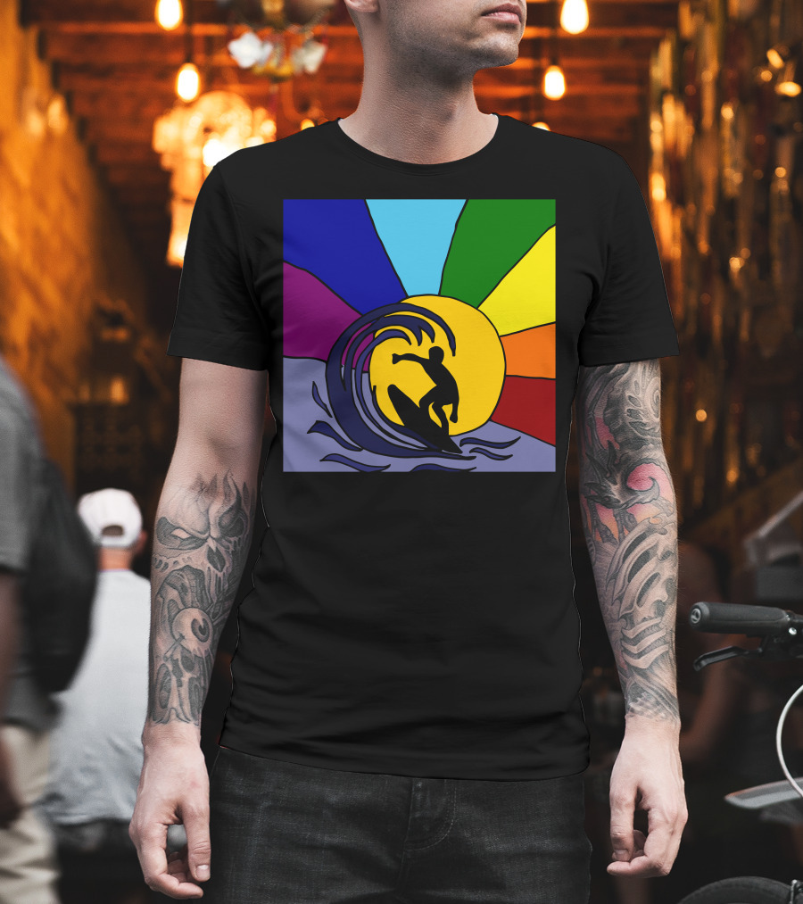 Awesome Surfer Riding Waves Against Sunset Rainbow Burst T-Shirt