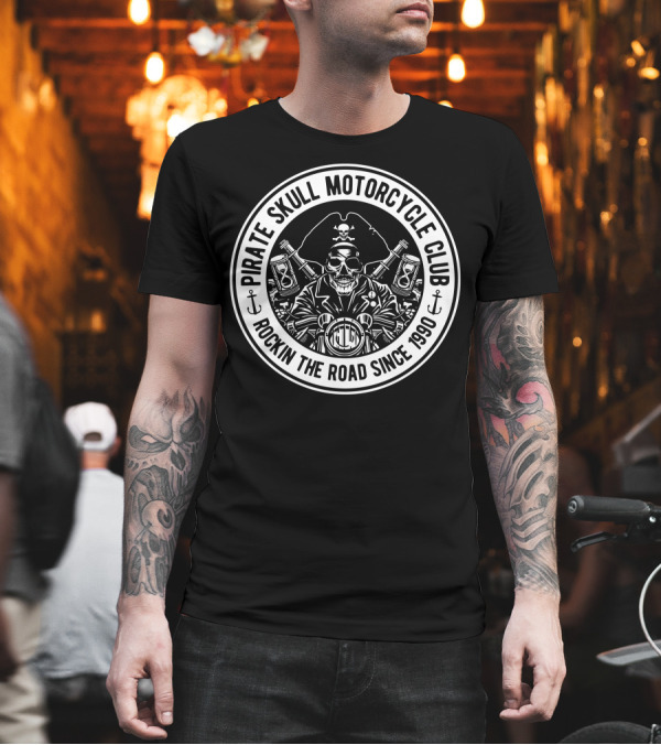 Pirate Skull Motorcycle Club Rockin the Road Since 1990 T-Shirt Pirate Skull Motorcycle Club Rockin the Road Since 1990 T-Shirt