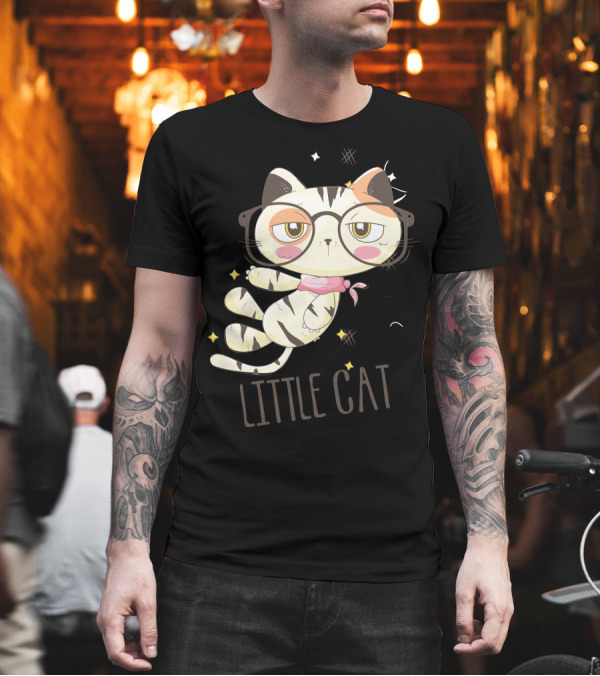 Little Cat Glasses Cartoon Calico Drawing T-Shirt Little Cat Glasses Cartoon Calico Drawing T-Shirt
