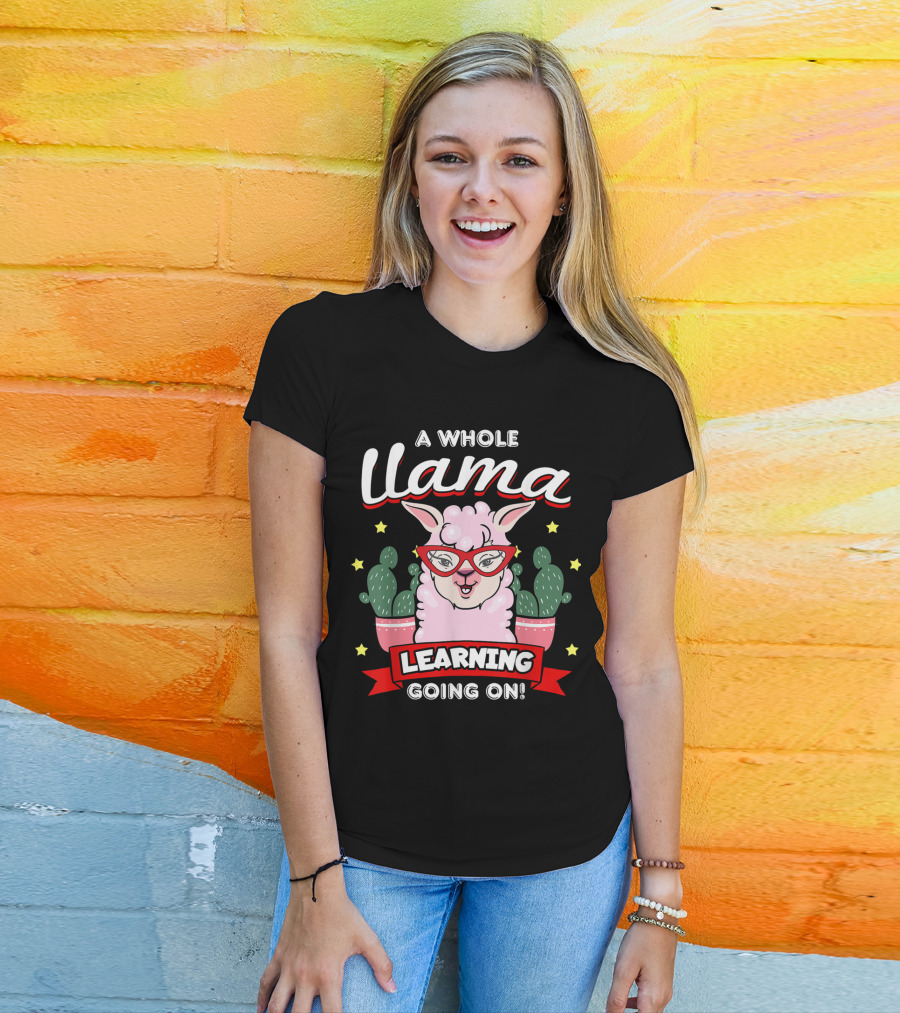 A Whole Llama Learning Going On Cactus Llama With Red Glasses Teacher T-Shirt