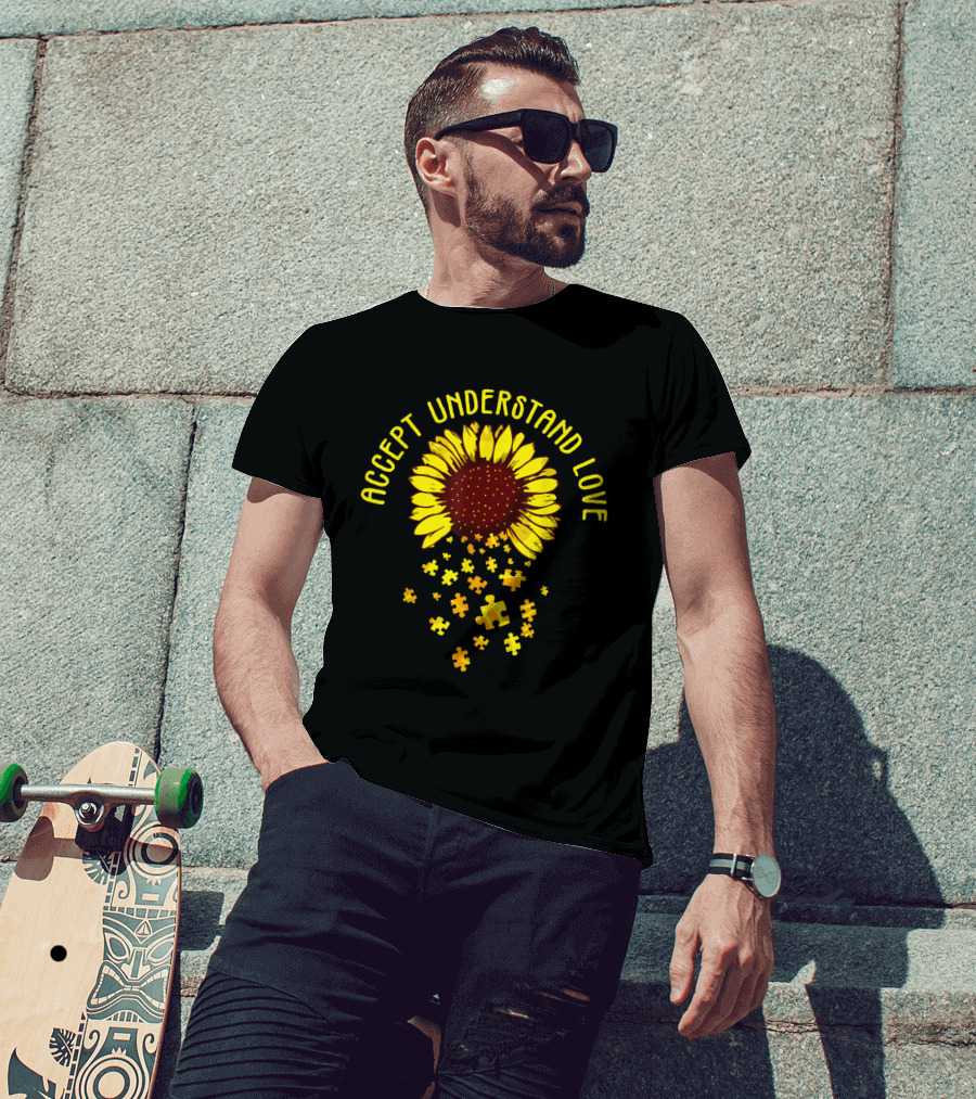 Accept Understand Love Sunflower Puzzle Autism Awareness T-Shirt