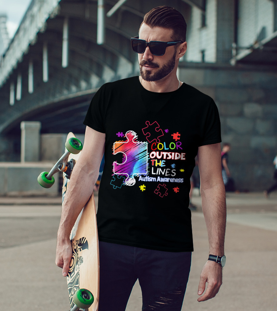 Color Outside The Lines Autism Awareness Puzzle Pieces T-Shirt