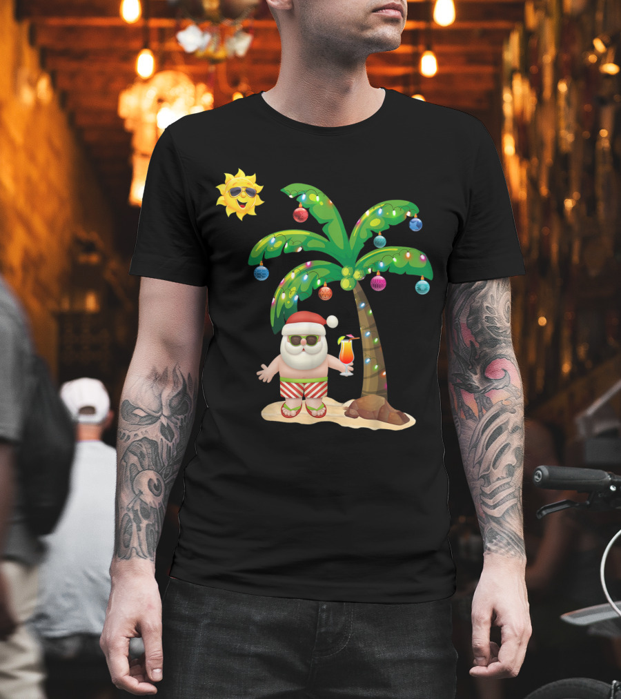 Mele Kalikimaka Aloha Santa Claus Under Palm Tree With Sunglasses Sun T-Shirt
