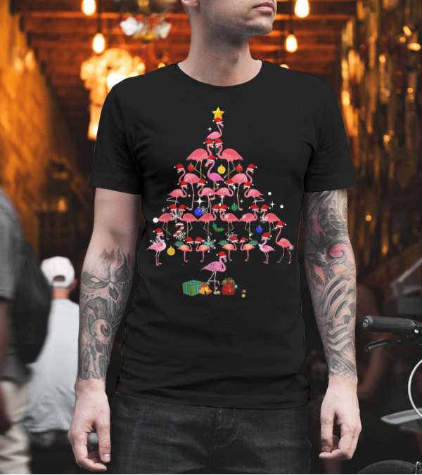 Funny Flamingo Christmas Tree with Santa Hats and Gifts T-Shirt Funny Flamingo Christmas Tree with Santa Hats and Gifts T-Shirt