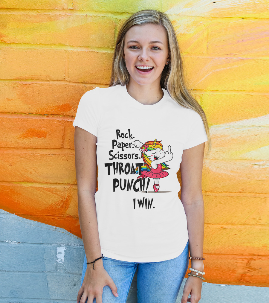 Rock Paper Scissors Throat Punch I Win Unicorn Dancing In Pink Tutu T-Shirt